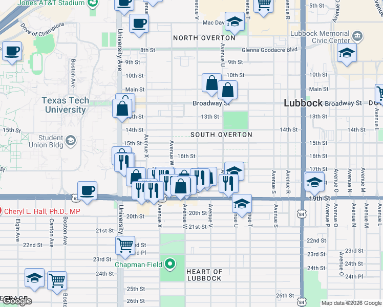 map of restaurants, bars, coffee shops, grocery stores, and more near 2209 16th Street in Lubbock