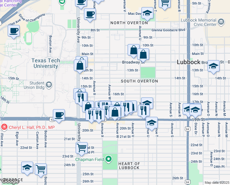 map of restaurants, bars, coffee shops, grocery stores, and more near 2209 16th Street in Lubbock