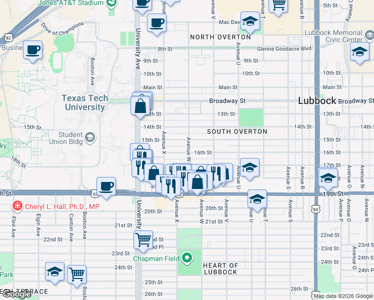 map of restaurants, bars, coffee shops, grocery stores, and more near 1604 Avenue W in Lubbock