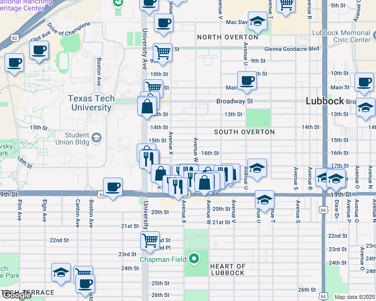 map of restaurants, bars, coffee shops, grocery stores, and more near 1604 Avenue W in Lubbock