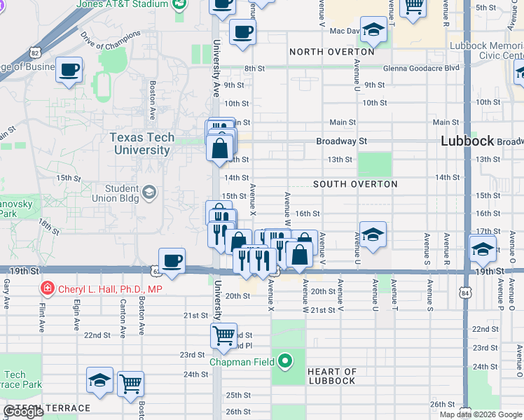 map of restaurants, bars, coffee shops, grocery stores, and more near 2319 16th Street in Lubbock