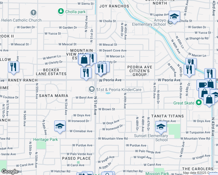 map of restaurants, bars, coffee shops, grocery stores, and more near 4949 West Peoria Avenue in Glendale