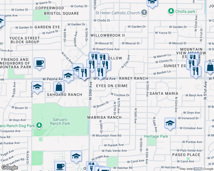 map of restaurants, bars, coffee shops, grocery stores, and more near 10407 North 58th Drive in Glendale