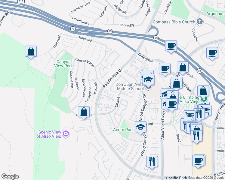 map of restaurants, bars, coffee shops, grocery stores, and more near 22501 Chase in Aliso Viejo