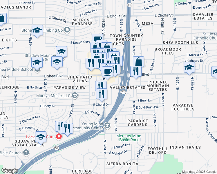 map of restaurants, bars, coffee shops, grocery stores, and more near 10255 North 32nd Street in Phoenix