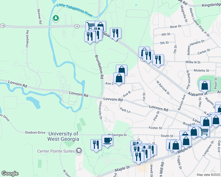 map of restaurants, bars, coffee shops, grocery stores, and more near 324 Brumbelow Road in Carrollton
