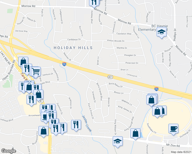 map of restaurants, bars, coffee shops, grocery stores, and more near 6365 Boca Grande Court in Forest Park