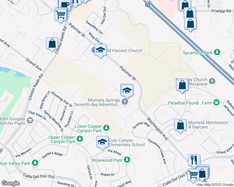 map of restaurants, bars, coffee shops, grocery stores, and more near 37095 Starbuck Circle in Murrieta