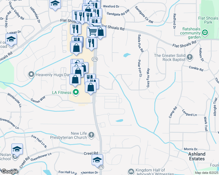 map of restaurants, bars, coffee shops, grocery stores, and more near 2347 Hackamore Drive in Atlanta