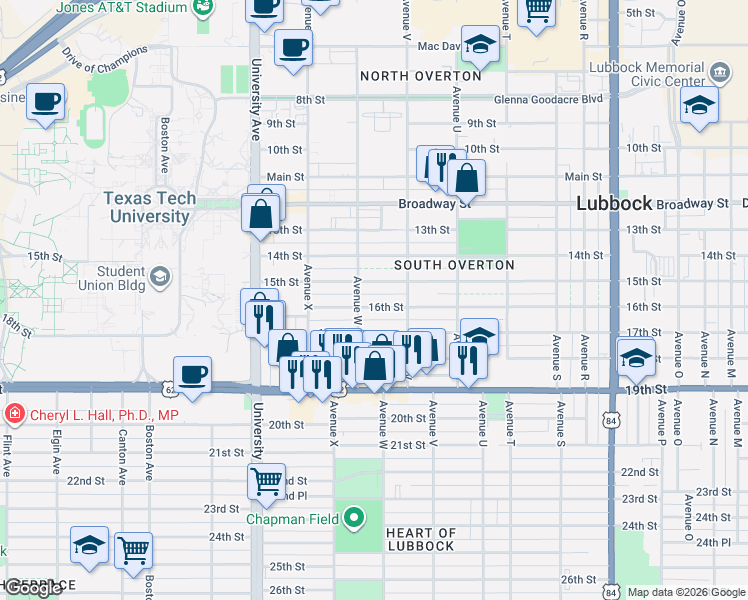 map of restaurants, bars, coffee shops, grocery stores, and more near 2209 16th Street in Lubbock