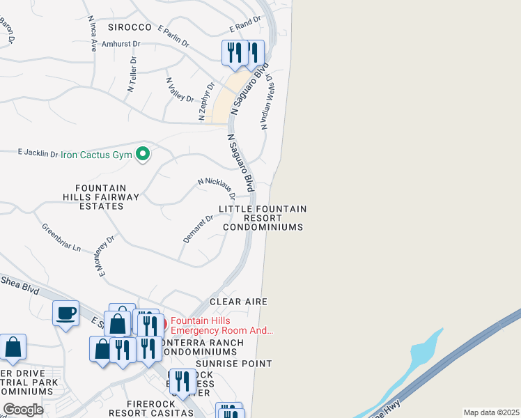 map of restaurants, bars, coffee shops, grocery stores, and more near 10401 North Saguaro Boulevard in Fountain Hills