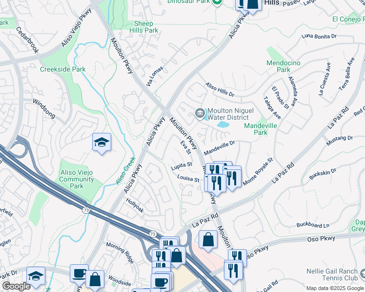 map of restaurants, bars, coffee shops, grocery stores, and more near 26285 Eva Street in Laguna Hills