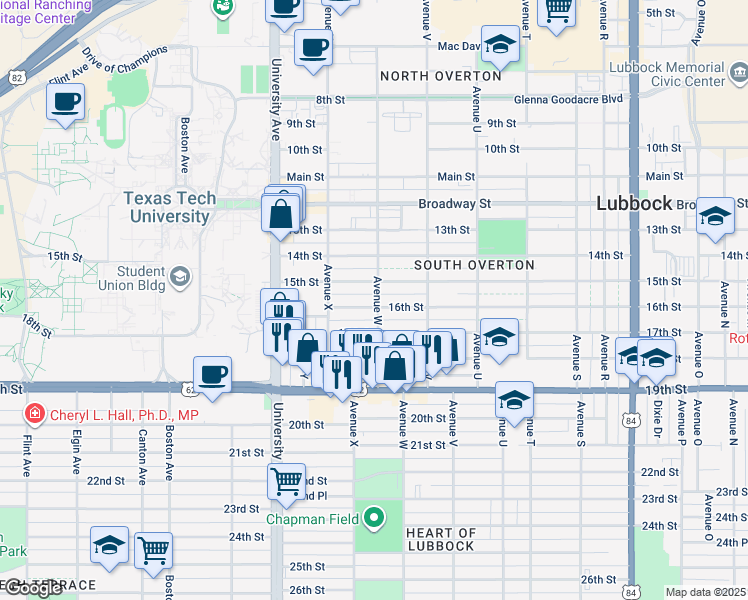 map of restaurants, bars, coffee shops, grocery stores, and more near 1604 Avenue W in Lubbock