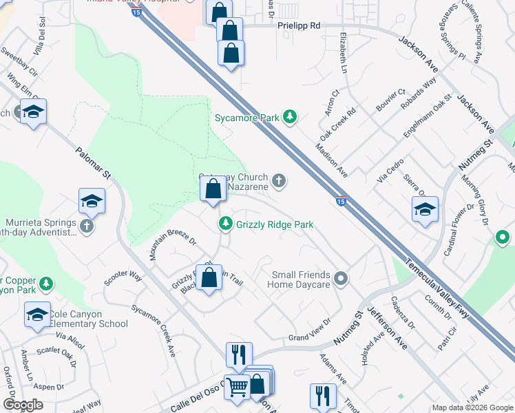 map of restaurants, bars, coffee shops, grocery stores, and more near 41871 Dahlias Way in Murrieta