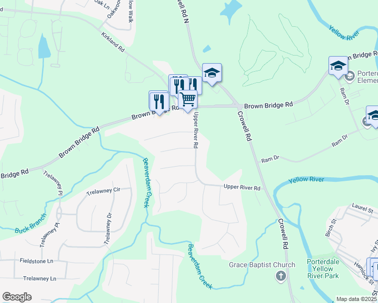 map of restaurants, bars, coffee shops, grocery stores, and more near 25 Beaverdam Court in Covington