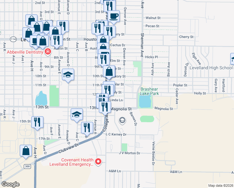 map of restaurants, bars, coffee shops, grocery stores, and more near 115-117 Linda Lane in Levelland