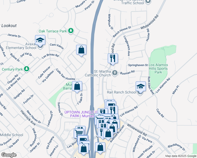 map of restaurants, bars, coffee shops, grocery stores, and more near 24795 Shady Pine Court in Murrieta