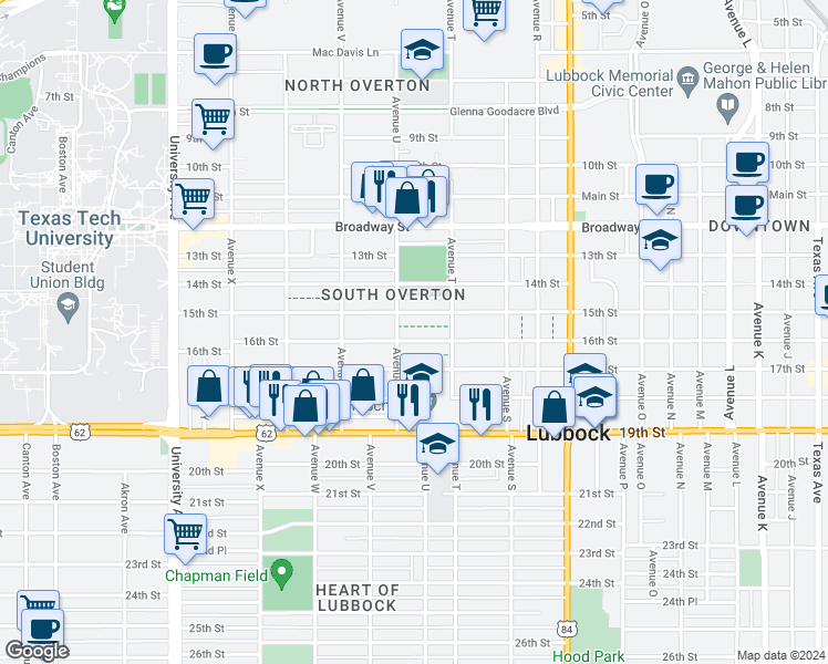 map of restaurants, bars, coffee shops, grocery stores, and more near 2101 16th Street in Lubbock