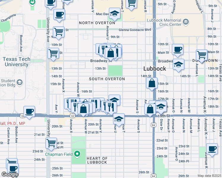 map of restaurants, bars, coffee shops, grocery stores, and more near 2101 16th Street in Lubbock