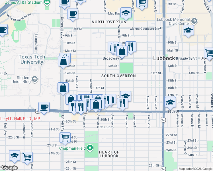 map of restaurants, bars, coffee shops, grocery stores, and more near 2117 16th Street in Lubbock
