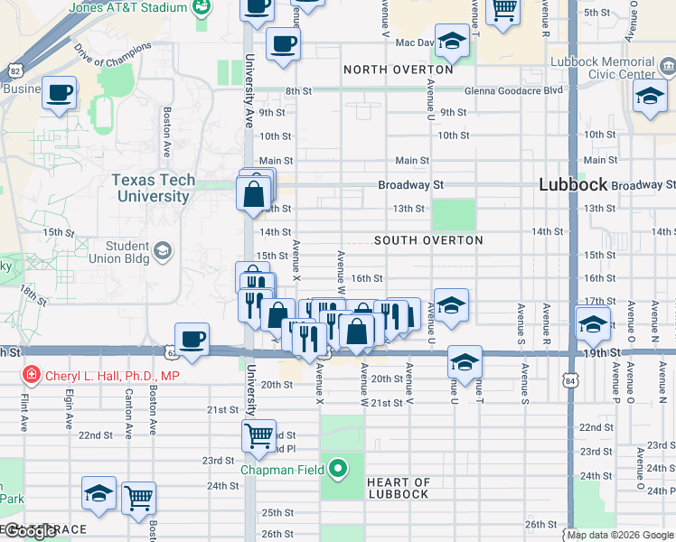 map of restaurants, bars, coffee shops, grocery stores, and more near 1604 Avenue W in Lubbock
