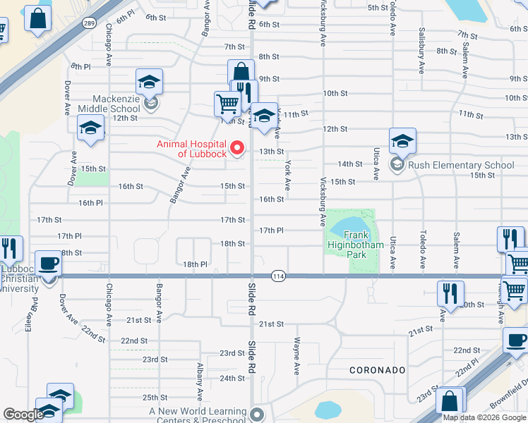 map of restaurants, bars, coffee shops, grocery stores, and more near 4934 17th Place in Lubbock