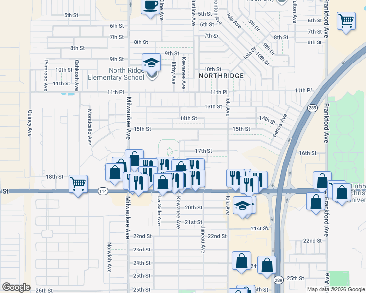 map of restaurants, bars, coffee shops, grocery stores, and more near 6217 17th Street in Lubbock