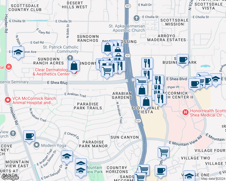 map of restaurants, bars, coffee shops, grocery stores, and more near 10257 North 87th Street in Scottsdale