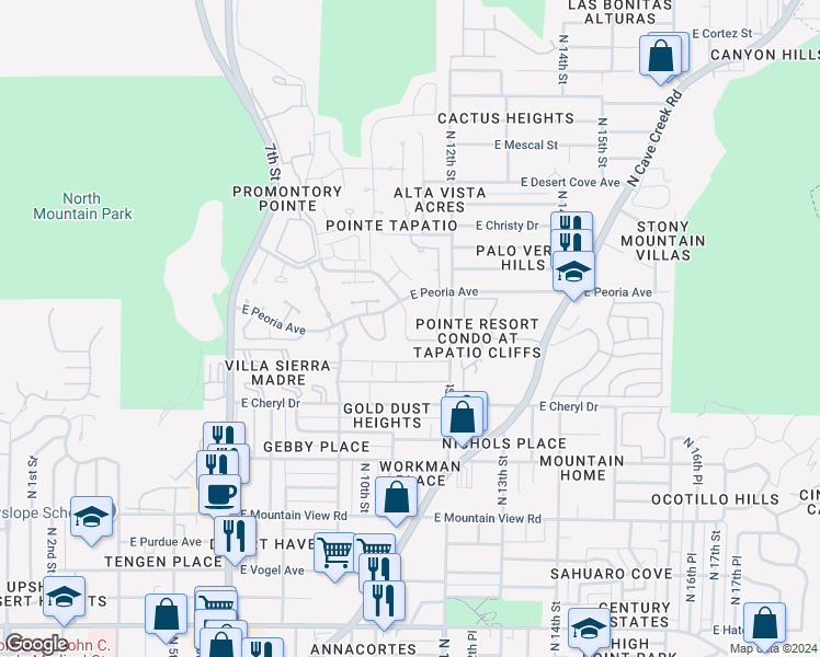 map of restaurants, bars, coffee shops, grocery stores, and more near 1113 East North Lane in Phoenix