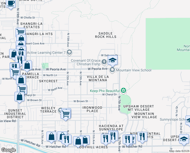 map of restaurants, bars, coffee shops, grocery stores, and more near 8 West Cochise Drive in Phoenix