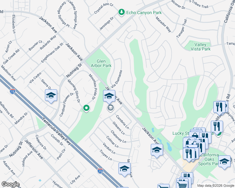 map of restaurants, bars, coffee shops, grocery stores, and more near 23991-24081 Jackson Avenue in Murrieta