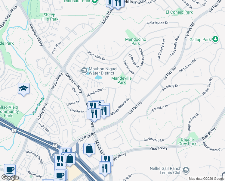 map of restaurants, bars, coffee shops, grocery stores, and more near 24702 Las Alturas Court in Laguna Hills