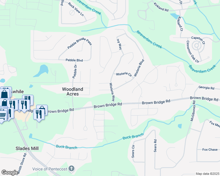 map of restaurants, bars, coffee shops, grocery stores, and more near 65 Wisteria Boulevard in Covington