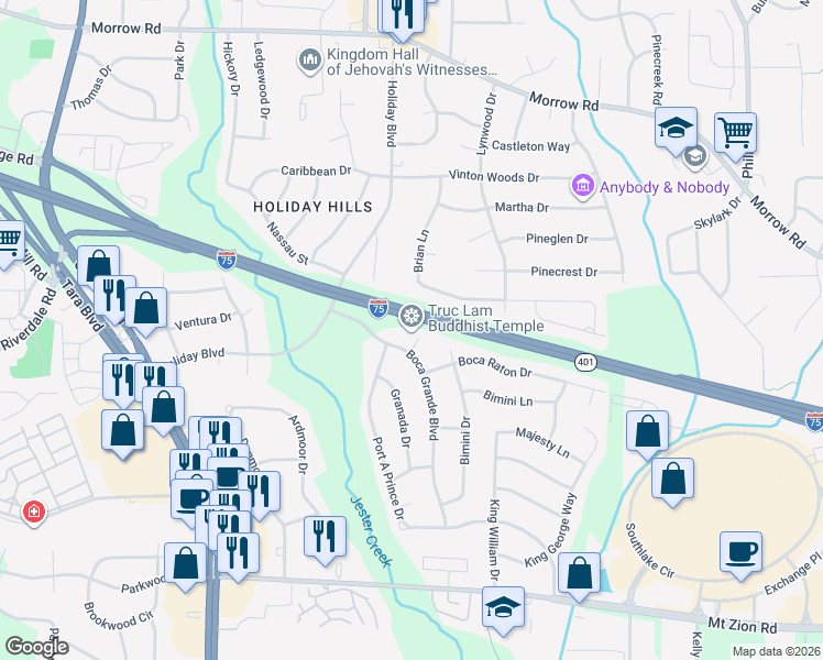 map of restaurants, bars, coffee shops, grocery stores, and more near 6365 Boca Grande Court in Forest Park