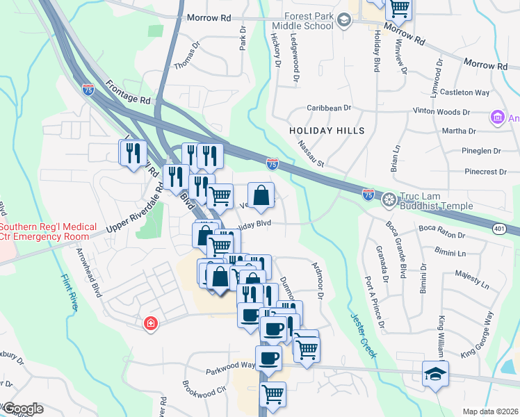 map of restaurants, bars, coffee shops, grocery stores, and more near 6445 Holiday Boulevard in Forest Park