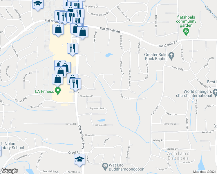 map of restaurants, bars, coffee shops, grocery stores, and more near 6474 Grey Fox Way in Riverdale