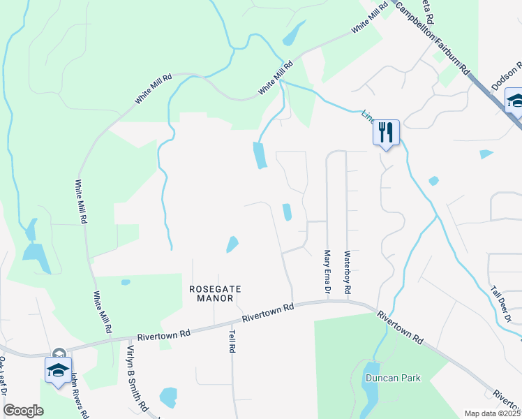 map of restaurants, bars, coffee shops, grocery stores, and more near 6485 Lake Esther Drive in Fairburn