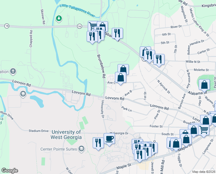map of restaurants, bars, coffee shops, grocery stores, and more near 394 Brumbelow Road in Carrollton