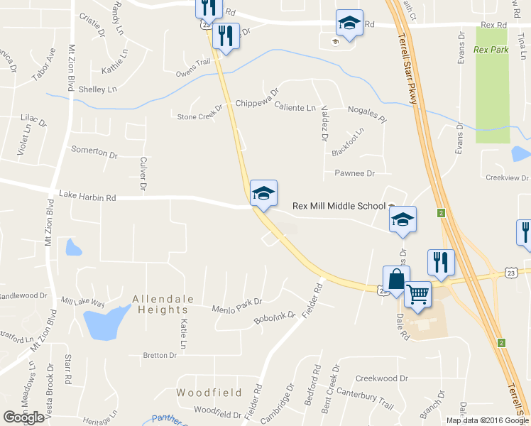 map of restaurants, bars, coffee shops, grocery stores, and more near 6340 Hwy 42 in Clayton