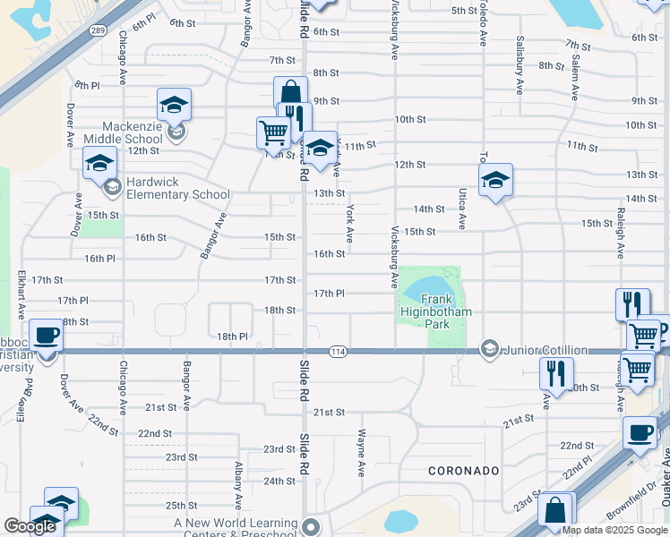 map of restaurants, bars, coffee shops, grocery stores, and more near 4922 17th Place in Lubbock