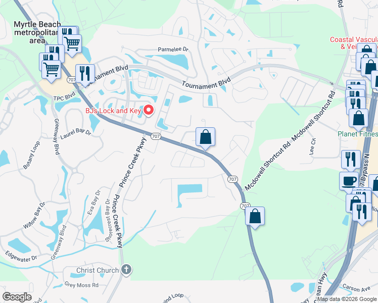 map of restaurants, bars, coffee shops, grocery stores, and more near 9533 Sullivan Drive in Murrells Inlet
