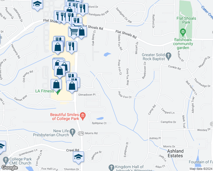map of restaurants, bars, coffee shops, grocery stores, and more near 6474 Grey Fox Way in Riverdale