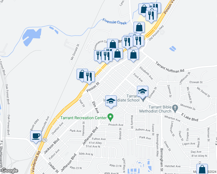 map of restaurants, bars, coffee shops, grocery stores, and more near 1133 Sloan Avenue in Birmingham