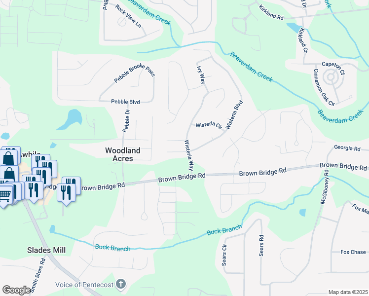 map of restaurants, bars, coffee shops, grocery stores, and more near 65 Wisteria Boulevard in Covington