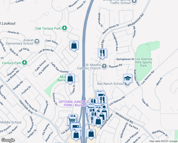 map of restaurants, bars, coffee shops, grocery stores, and more near 24795 Shady Pine Court in Murrieta