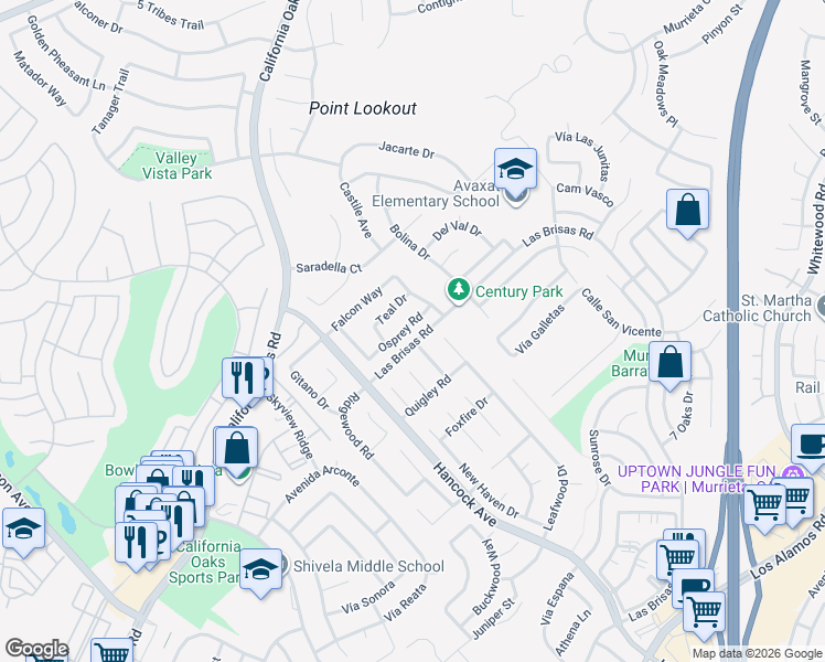 map of restaurants, bars, coffee shops, grocery stores, and more near 39866 Osprey Road in Murrieta