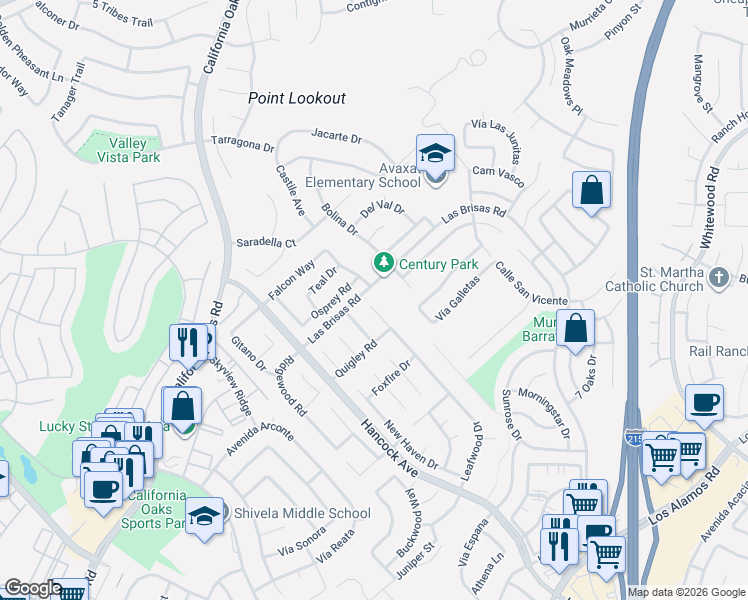 map of restaurants, bars, coffee shops, grocery stores, and more near 24412 Leafwood Drive in Murrieta