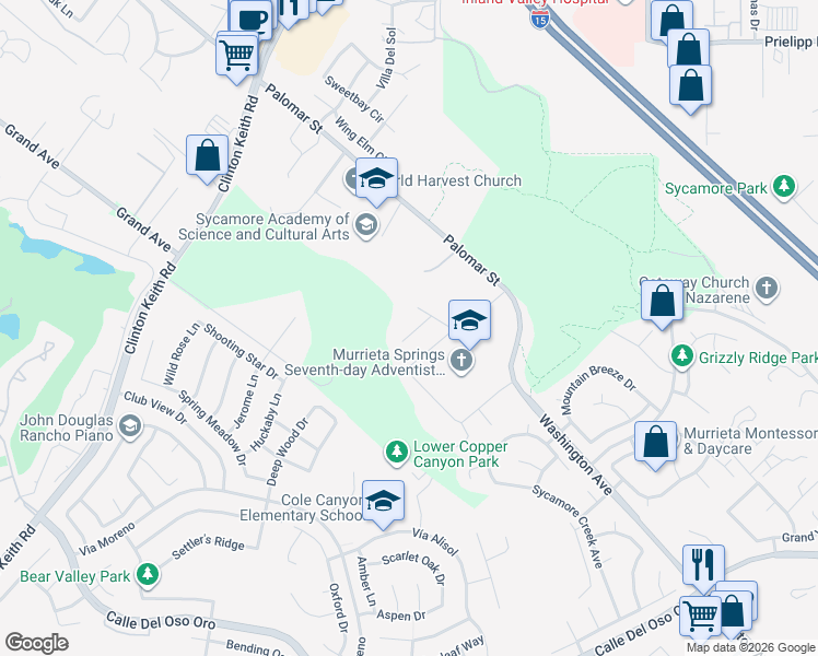 map of restaurants, bars, coffee shops, grocery stores, and more near 37111 Bush Sunflower Court in Wildomar