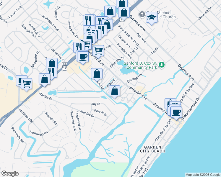 map of restaurants, bars, coffee shops, grocery stores, and more near 409 Delton Drive in Murrells Inlet