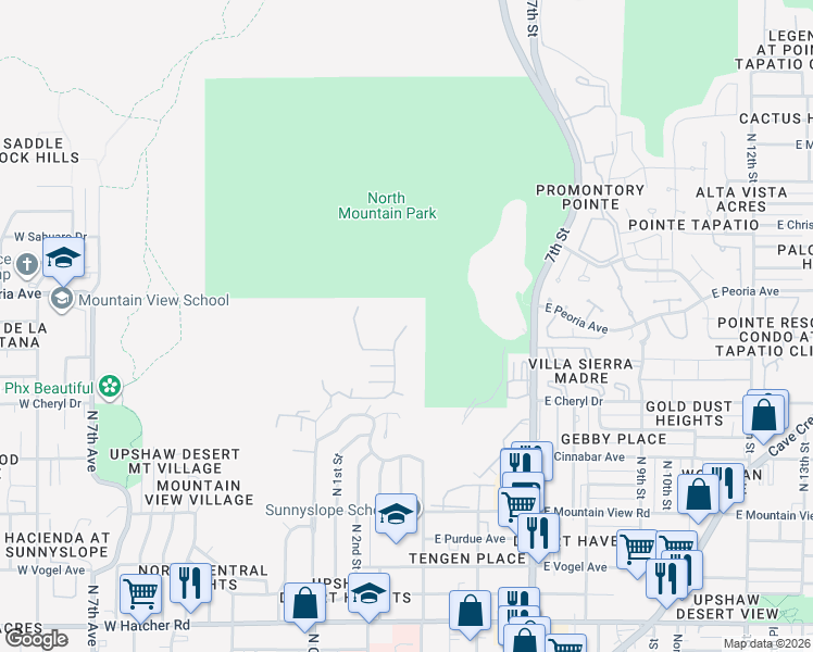 map of restaurants, bars, coffee shops, grocery stores, and more near North Central Avenue in Phoenix